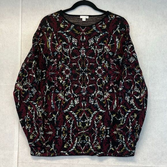 J. JILL Women’s Sweater Large Black Red Multi Knit Floral Jacquard Long Sleeve - Picture 1 of 12